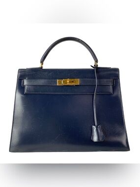 Authentic HERMES 1989 vintage KELLY 32 navy box leather gold hardware bag